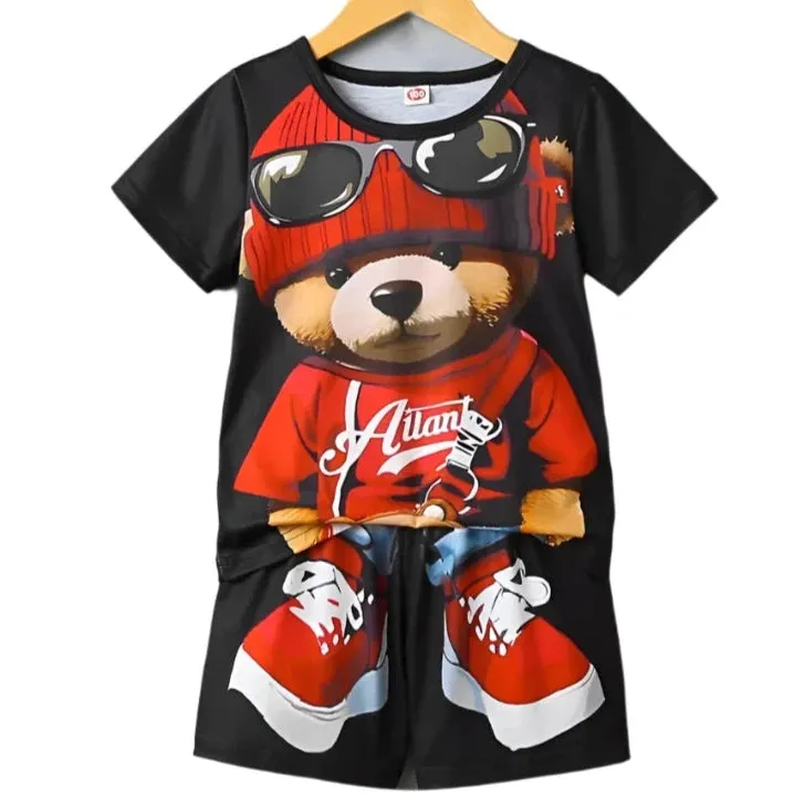 Men's 2-Piece Cartoon Bear Print Short Sleeve T-Shirt & Drawstring Shorts Set - Casual Summer Beachwear
