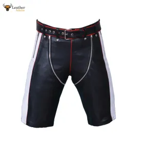 Mens Genuine Cow Leather Black and Red Contrast Chaps Shorts Club wear Shorts