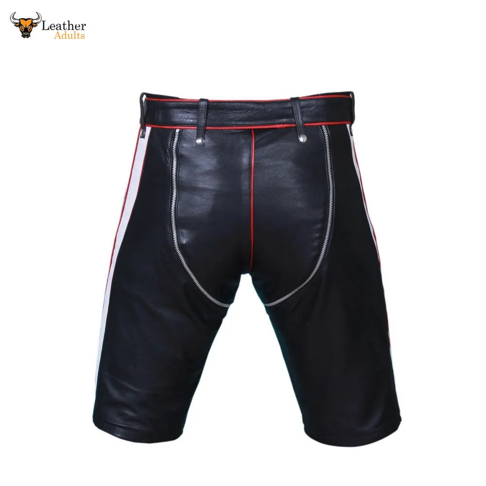 Mens Genuine Cow Leather Black and Red Contrast Chaps Shorts Club wear Shorts