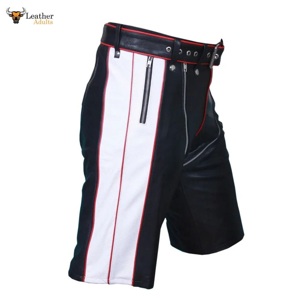 Mens Genuine Cow Leather Black and Red Contrast Chaps Shorts Club wear Shorts