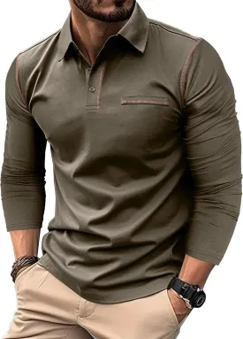 Mens Long Sleeve Polo Shirts Cotton Casual Polo Shirt Collared Button Classic Golf Polo T Shirts