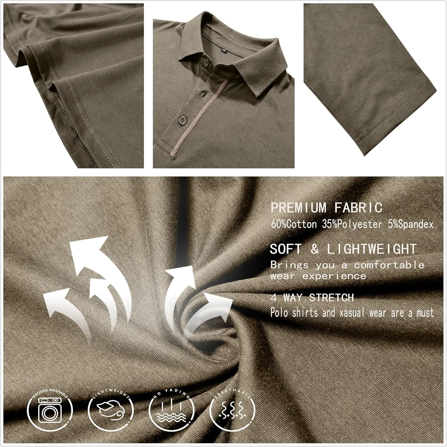 Mens Long Sleeve Polo Shirts Cotton Casual Polo Shirt Collared Button Classic Golf Polo T Shirts