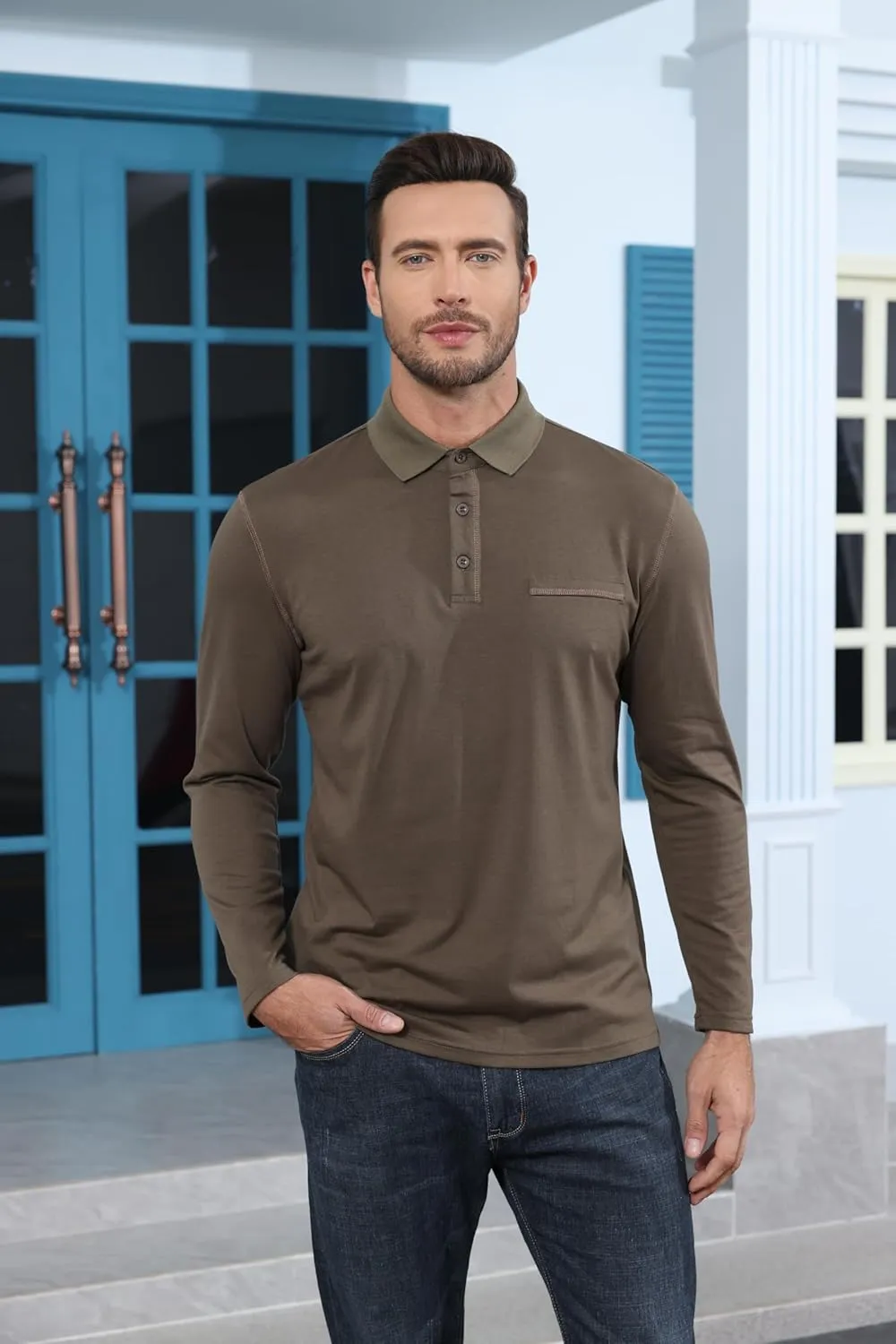 Mens Long Sleeve Polo Shirts Cotton Casual Polo Shirt Collared Button Classic Golf Polo T Shirts