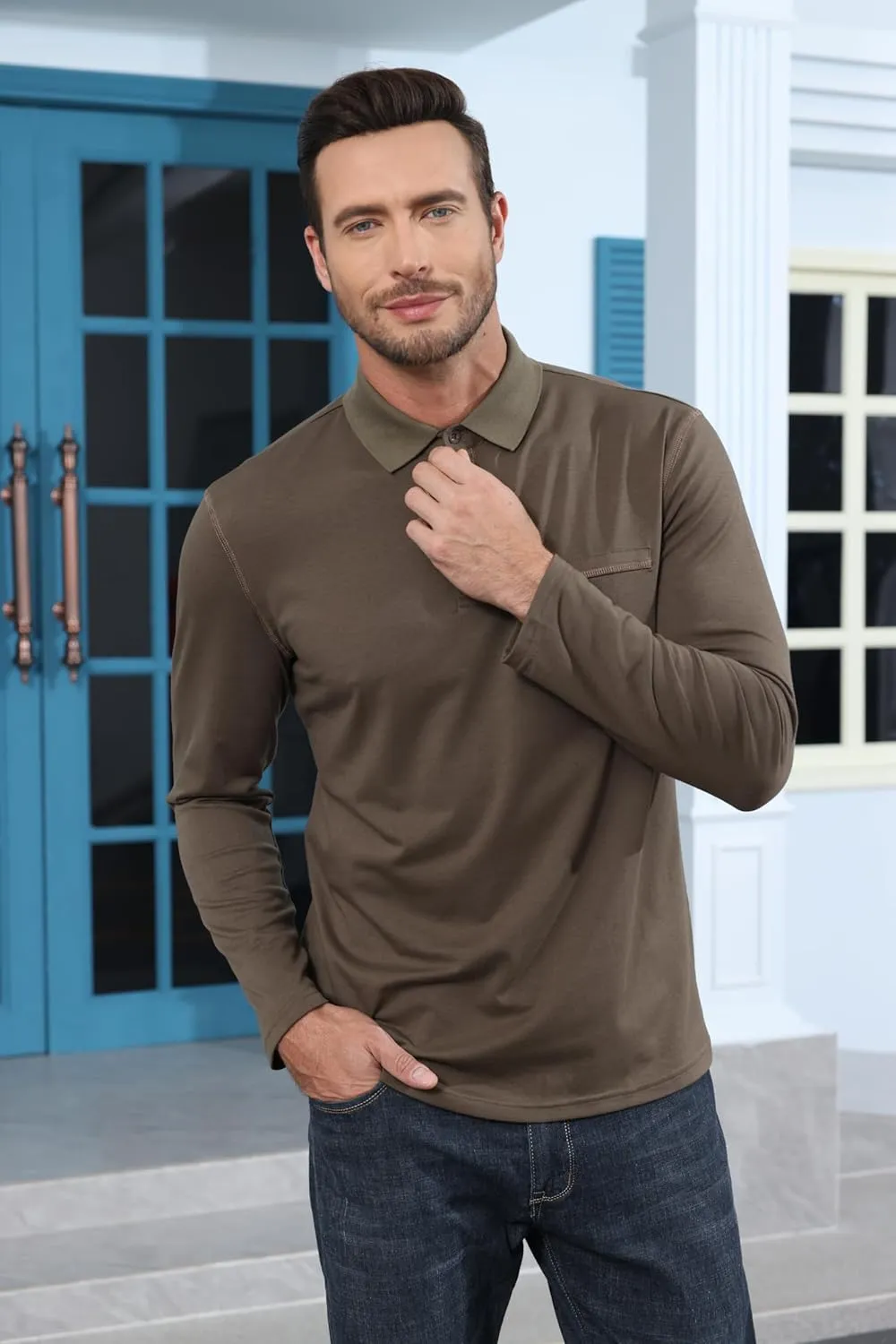 Mens Long Sleeve Polo Shirts Cotton Casual Polo Shirt Collared Button Classic Golf Polo T Shirts