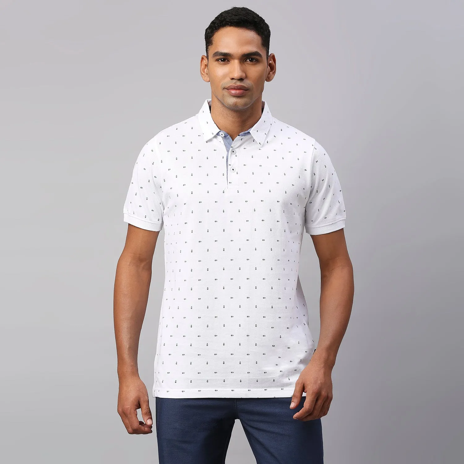 Men's Pure Cotton Micro Printed Half Sleeves Polo T-Shirt (White)