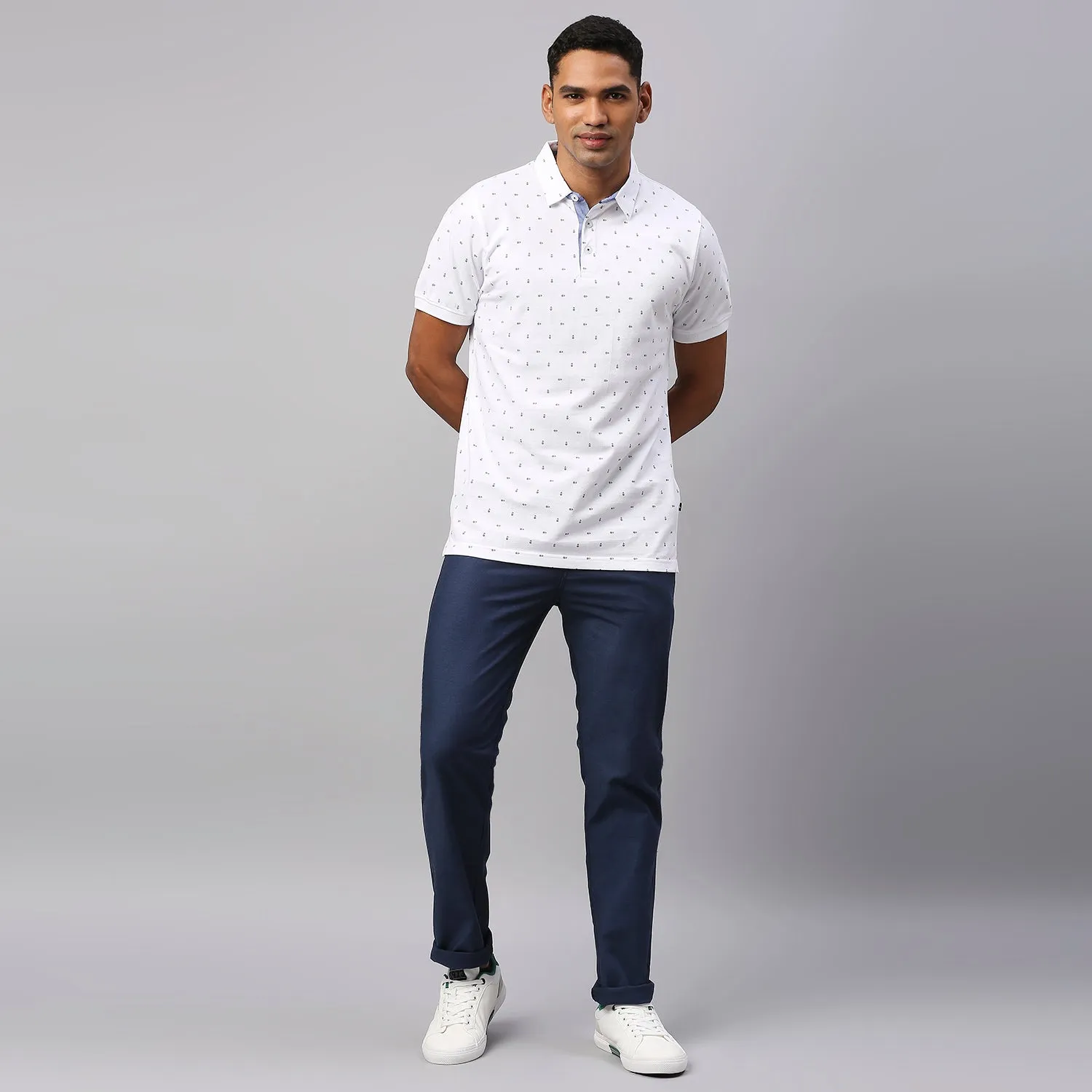 Men's Pure Cotton Micro Printed Half Sleeves Polo T-Shirt (White)
