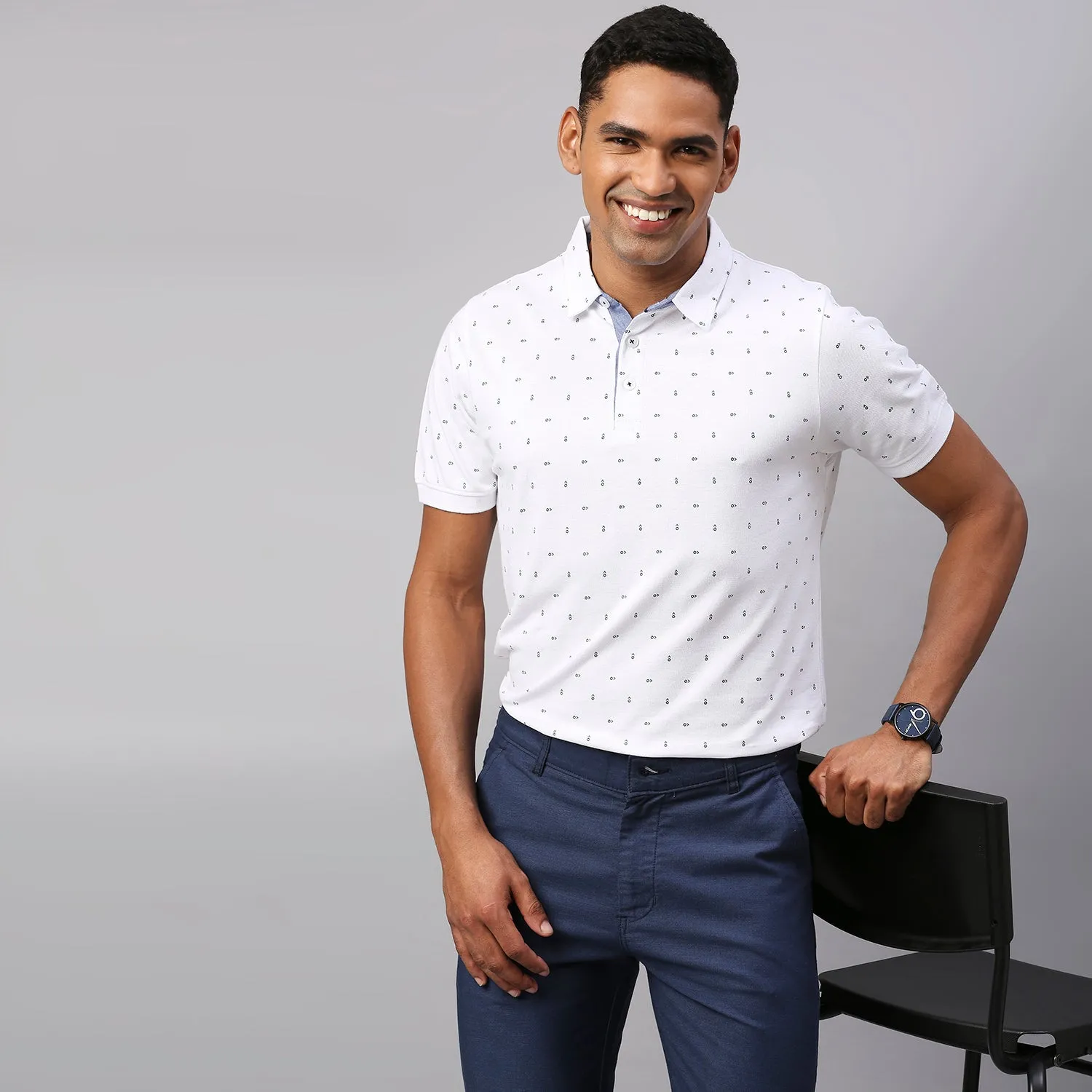 Men's Pure Cotton Micro Printed Half Sleeves Polo T-Shirt (White)