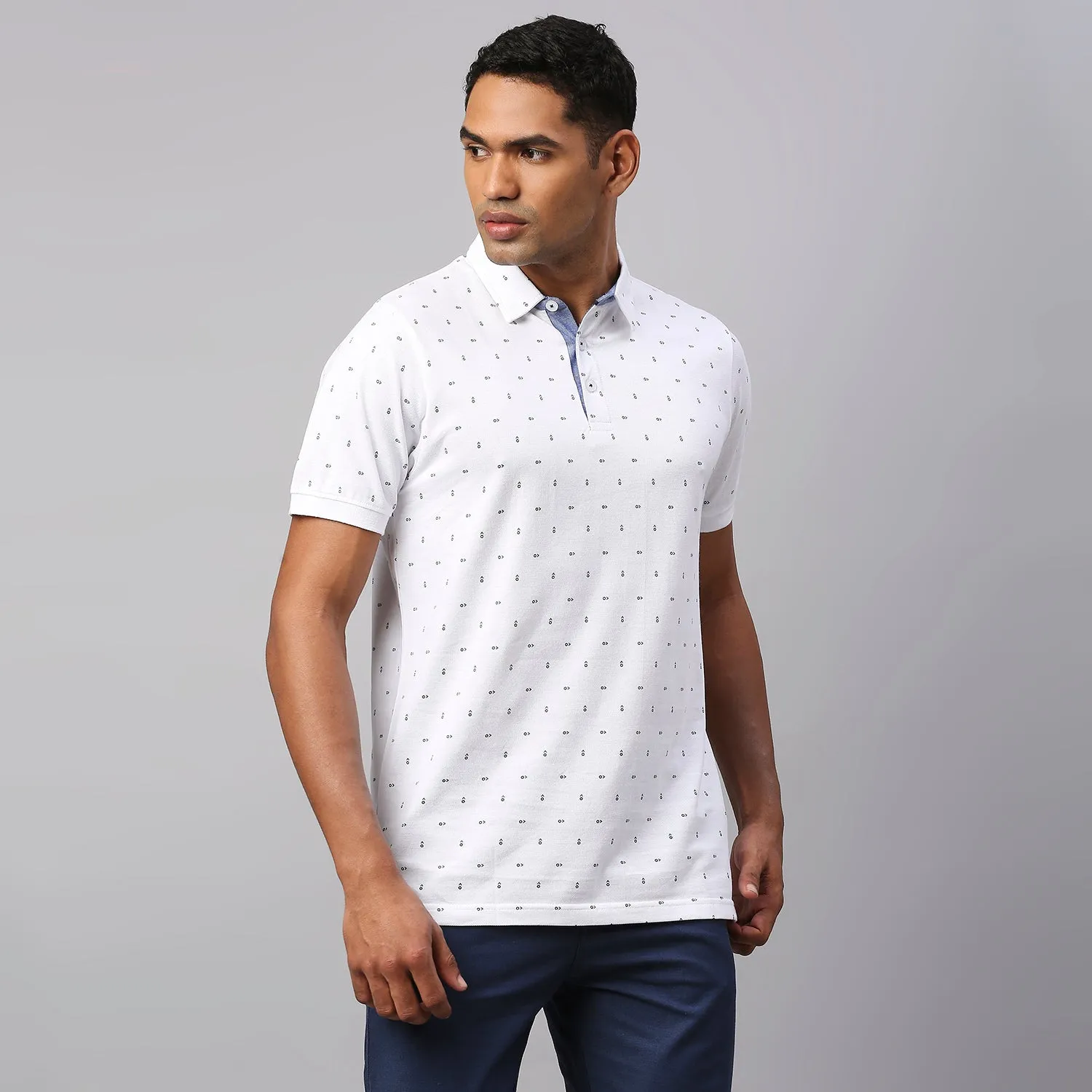 Men's Pure Cotton Micro Printed Half Sleeves Polo T-Shirt (White)