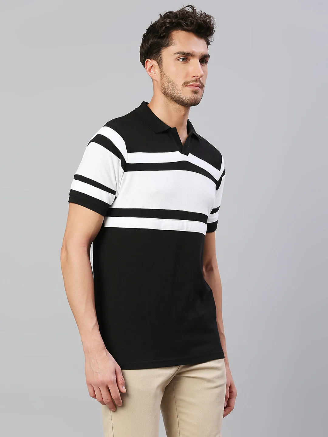 Men's Pure Cotton Striped Half Sleeves Polo T-Shirt (Black)
