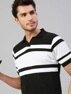 Men's Pure Cotton Striped Half Sleeves Polo T-Shirt (Black)