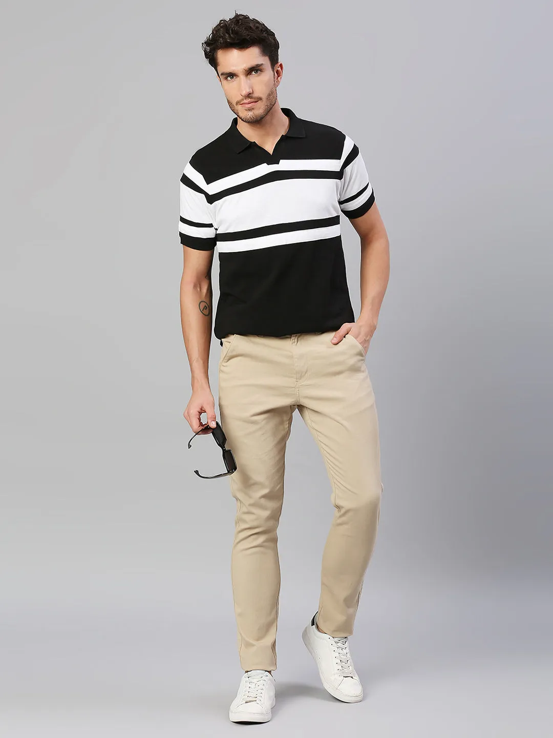 Men's Pure Cotton Striped Half Sleeves Polo T-Shirt (Black)