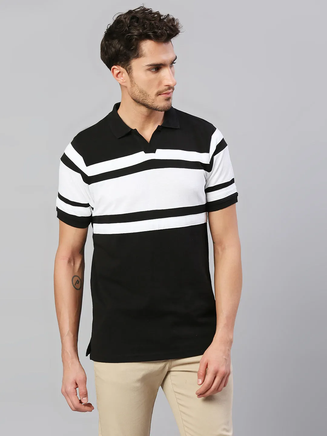 Men's Pure Cotton Striped Half Sleeves Polo T-Shirt (Black)