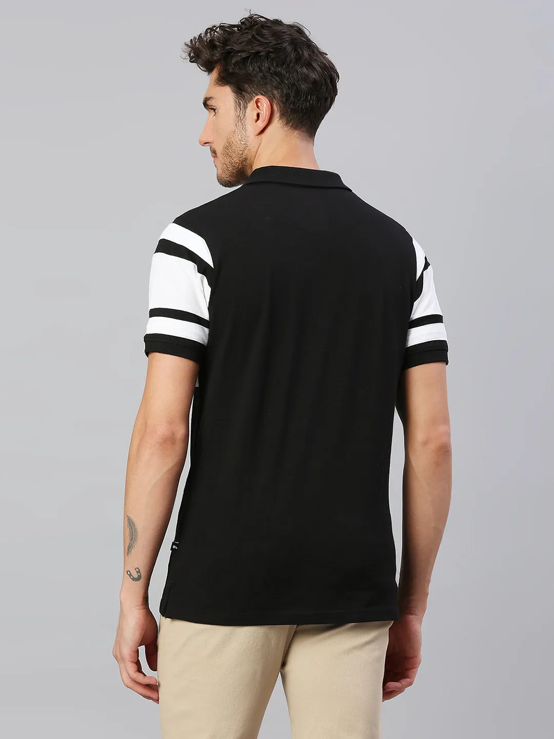 Men's Pure Cotton Striped Half Sleeves Polo T-Shirt (Black)
