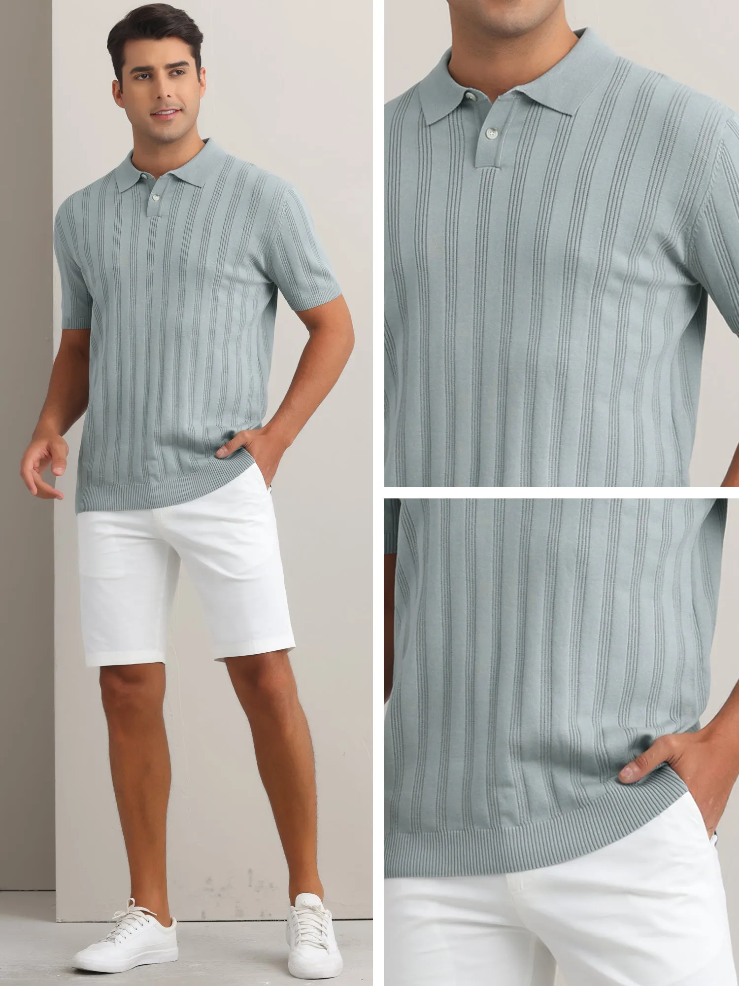 Men's Short Sleeve Button Regular Fit Summer Knit Texture Polo Shirt