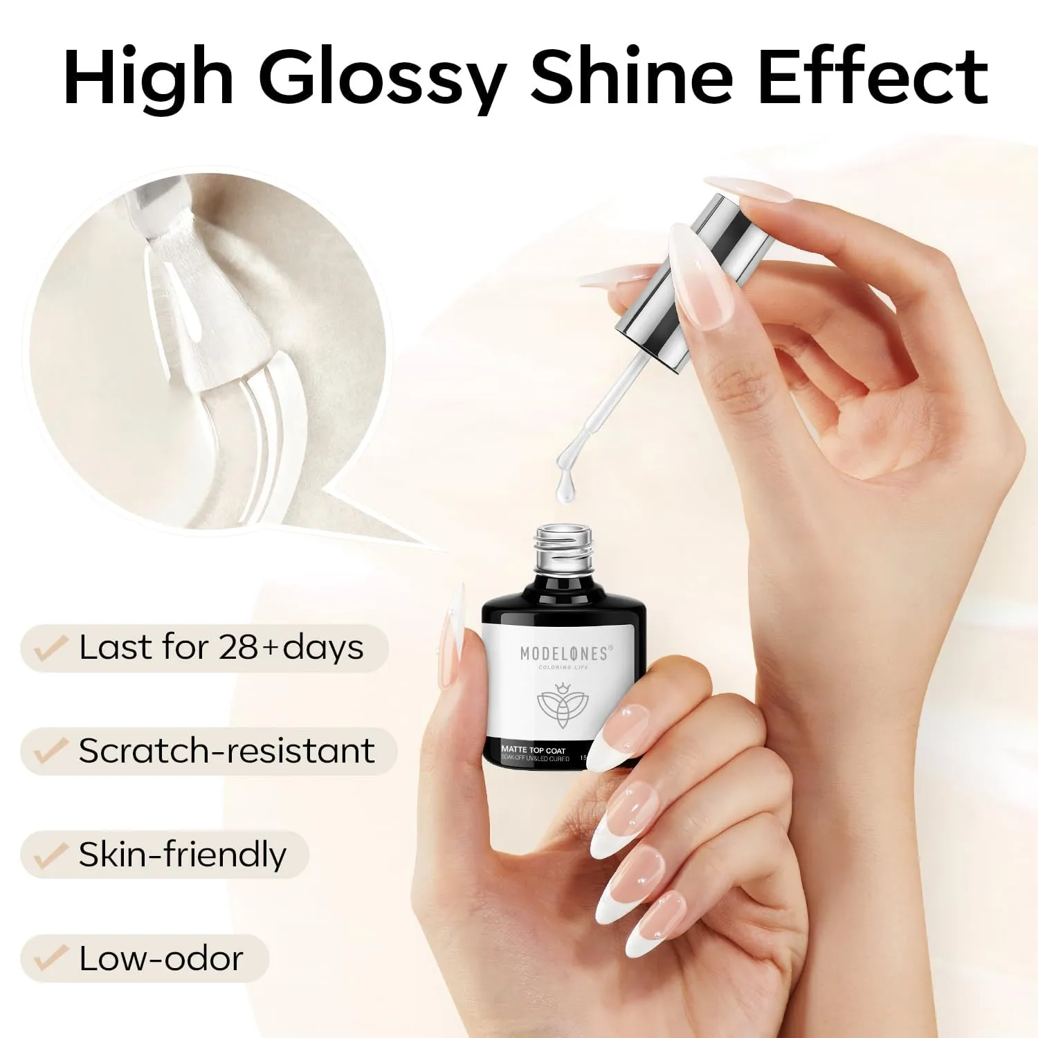 modelones Matte Gel Nail Polish Top Coat, 15ml No Wipe Top Coat Summer Gel Nail Polish Soak Off Matte Finish Long Lasting DIY Home Nail Salon