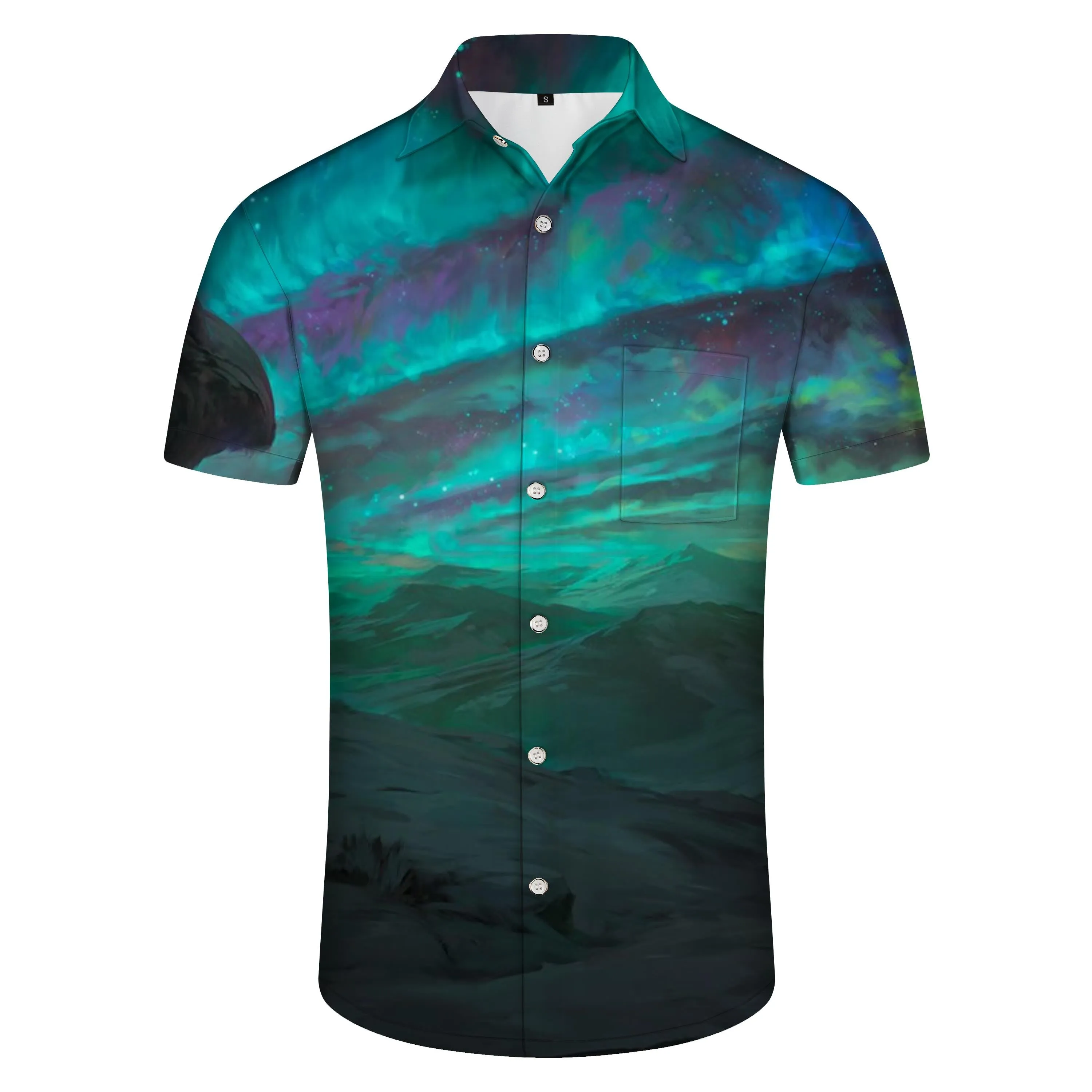 Nordic Snow Mountain Mixed Color Aurora Print Pattern Short Sleeve Button Hawaiian Shirt Men's Casual