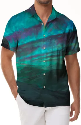 Nordic Snow Mountain Mixed Color Aurora Print Pattern Short Sleeve Button Hawaiian Shirt Men's Casual