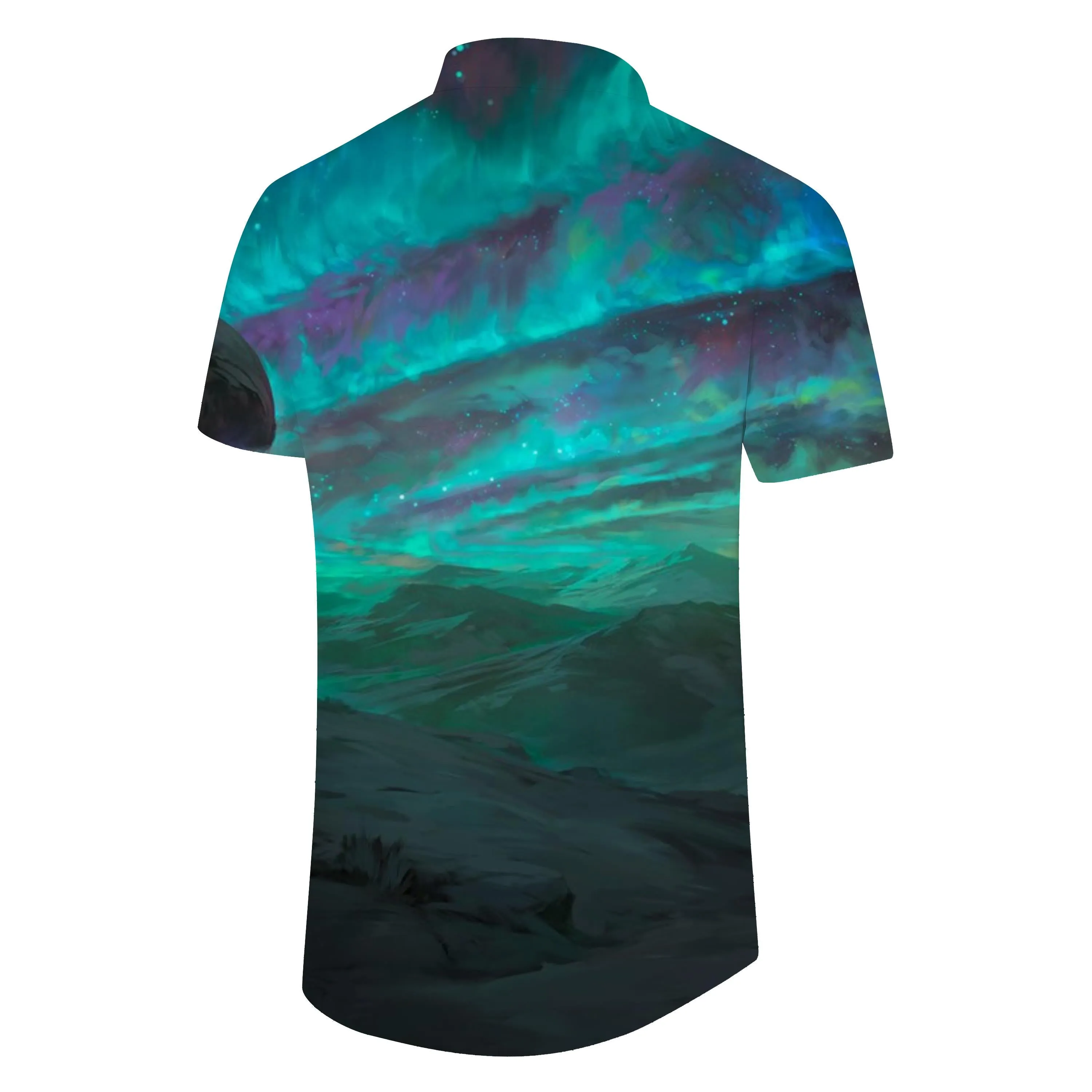 Nordic Snow Mountain Mixed Color Aurora Print Pattern Short Sleeve Button Hawaiian Shirt Men's Casual
