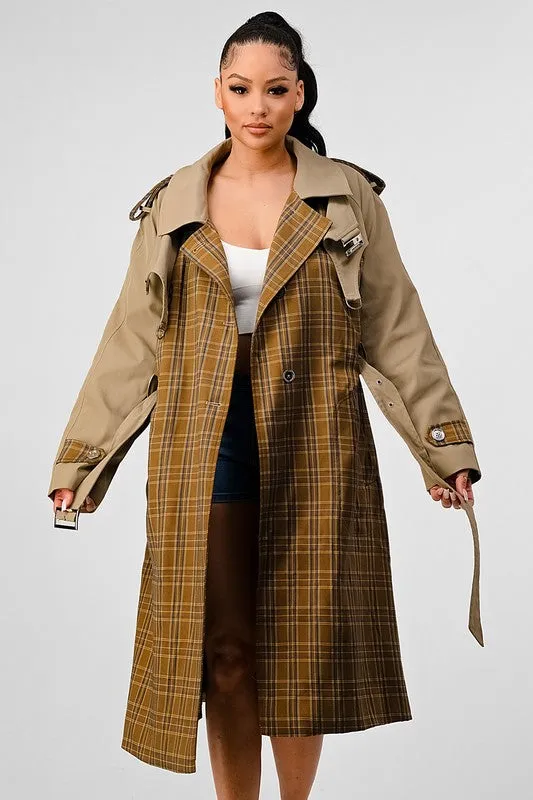 Plaid and Khaki Contrast Trench Coat