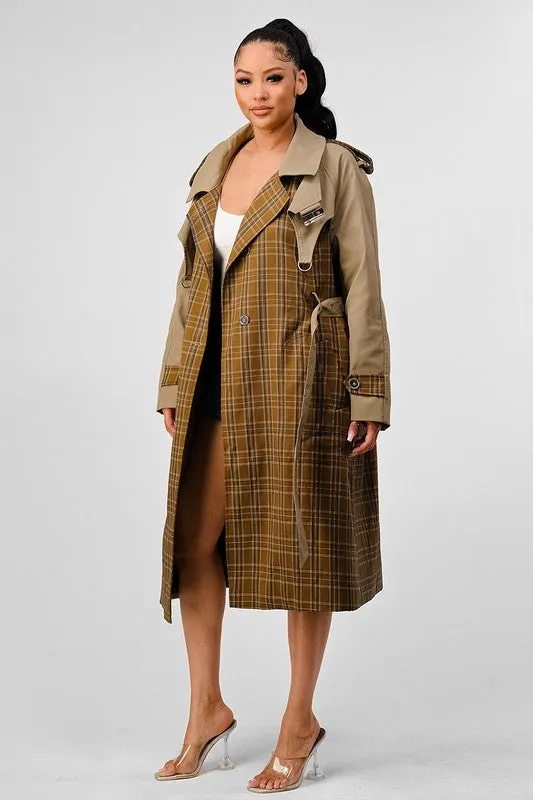 Plaid and Khaki Contrast Trench Coat