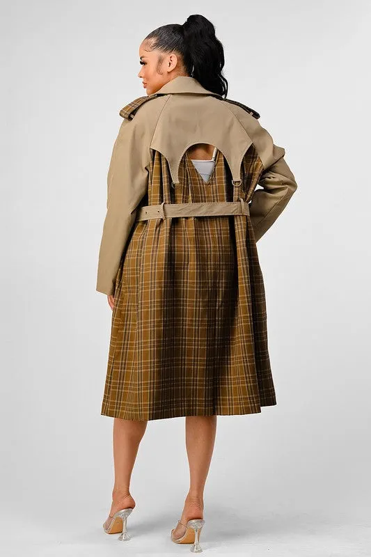 Plaid and Khaki Contrast Trench Coat