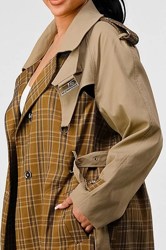 Plaid and Khaki Contrast Trench Coat