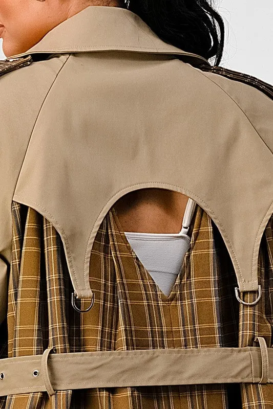 Plaid and Khaki Contrast Trench Coat