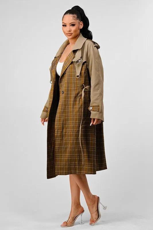 Plaid and Khaki Contrast Trench Coat