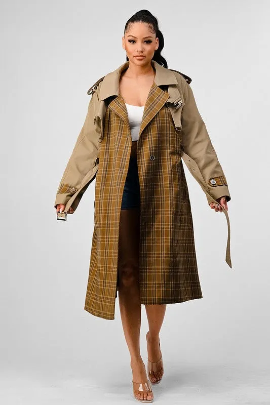 Plaid and Khaki Contrast Trench Coat