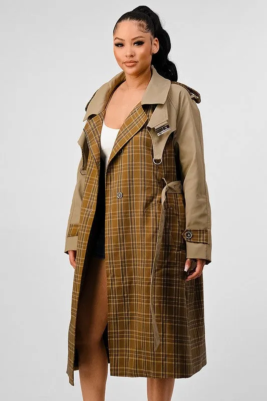 Plaid and Khaki Contrast Trench Coat