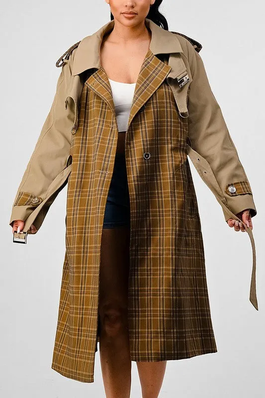 Plaid and Khaki Contrast Trench Coat