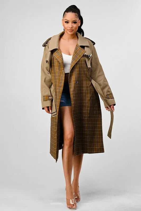 Plaid and Khaki Contrast Trench Coat