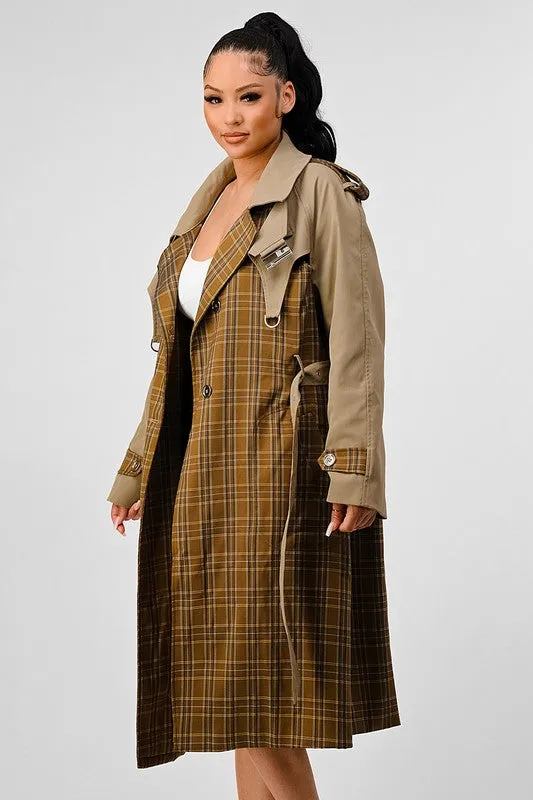 Plaid and Khaki Contrast Trench Coat
