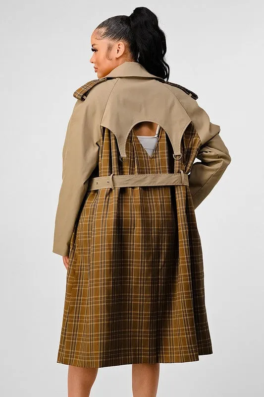 Plaid and Khaki Contrast Trench Coat