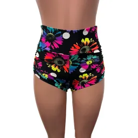 Polka Dot Electric Daisy Neon Floral Ruched Booty Shorts