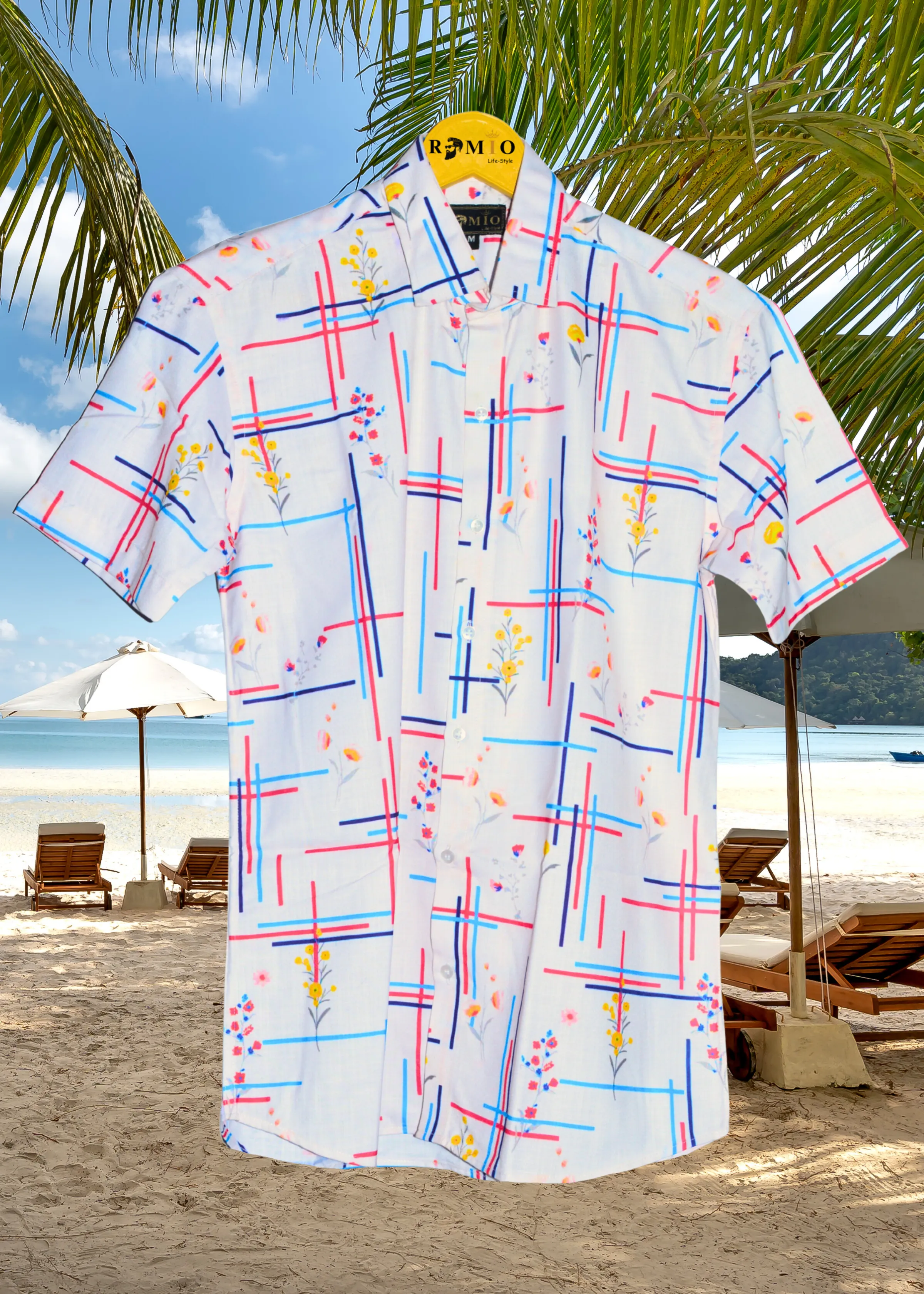 Pure cotton hawaii White shirt with colorfull lining Half Sleev Shirt (f1)