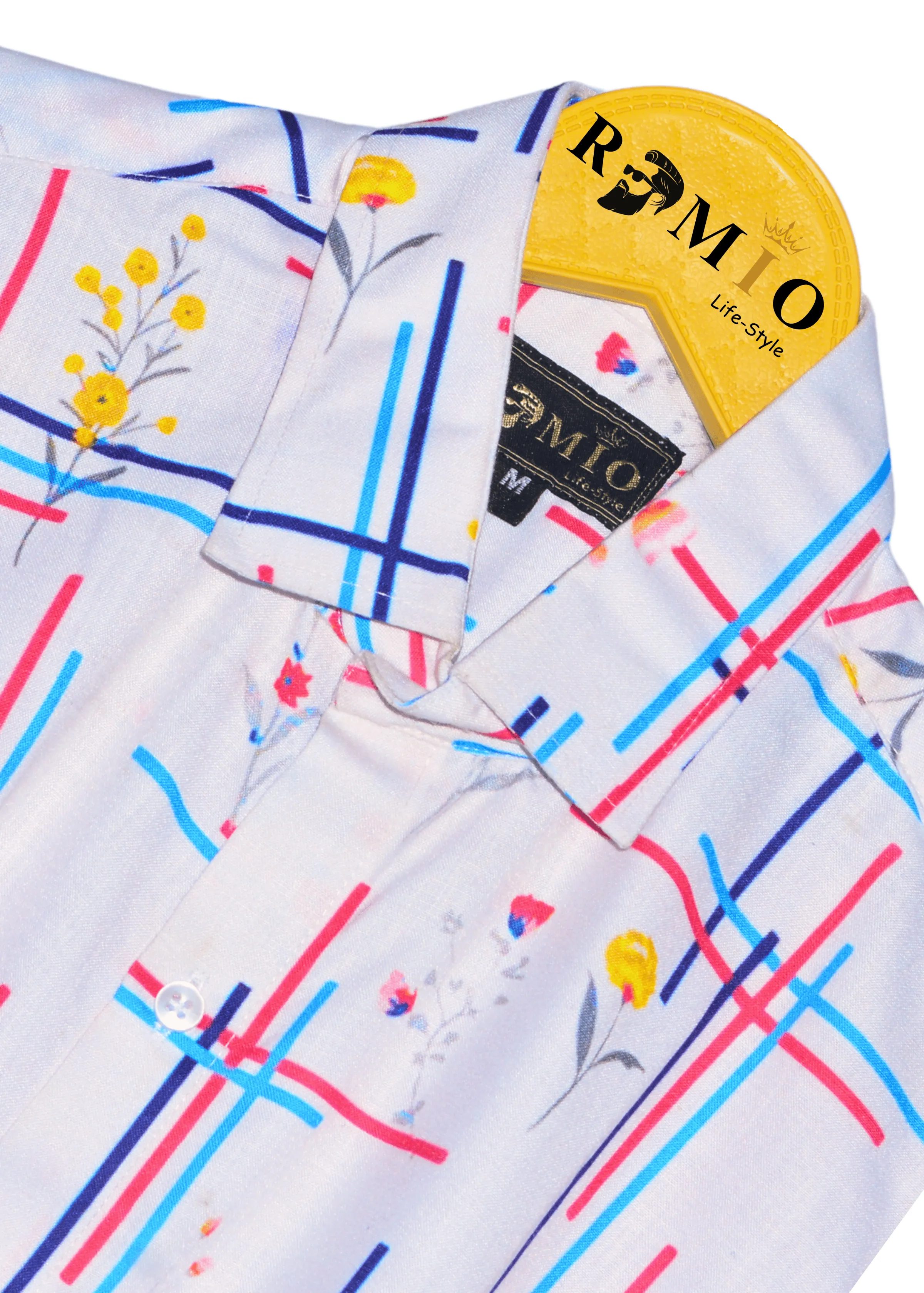 Pure cotton hawaii White shirt with colorfull lining Half Sleev Shirt (f1)