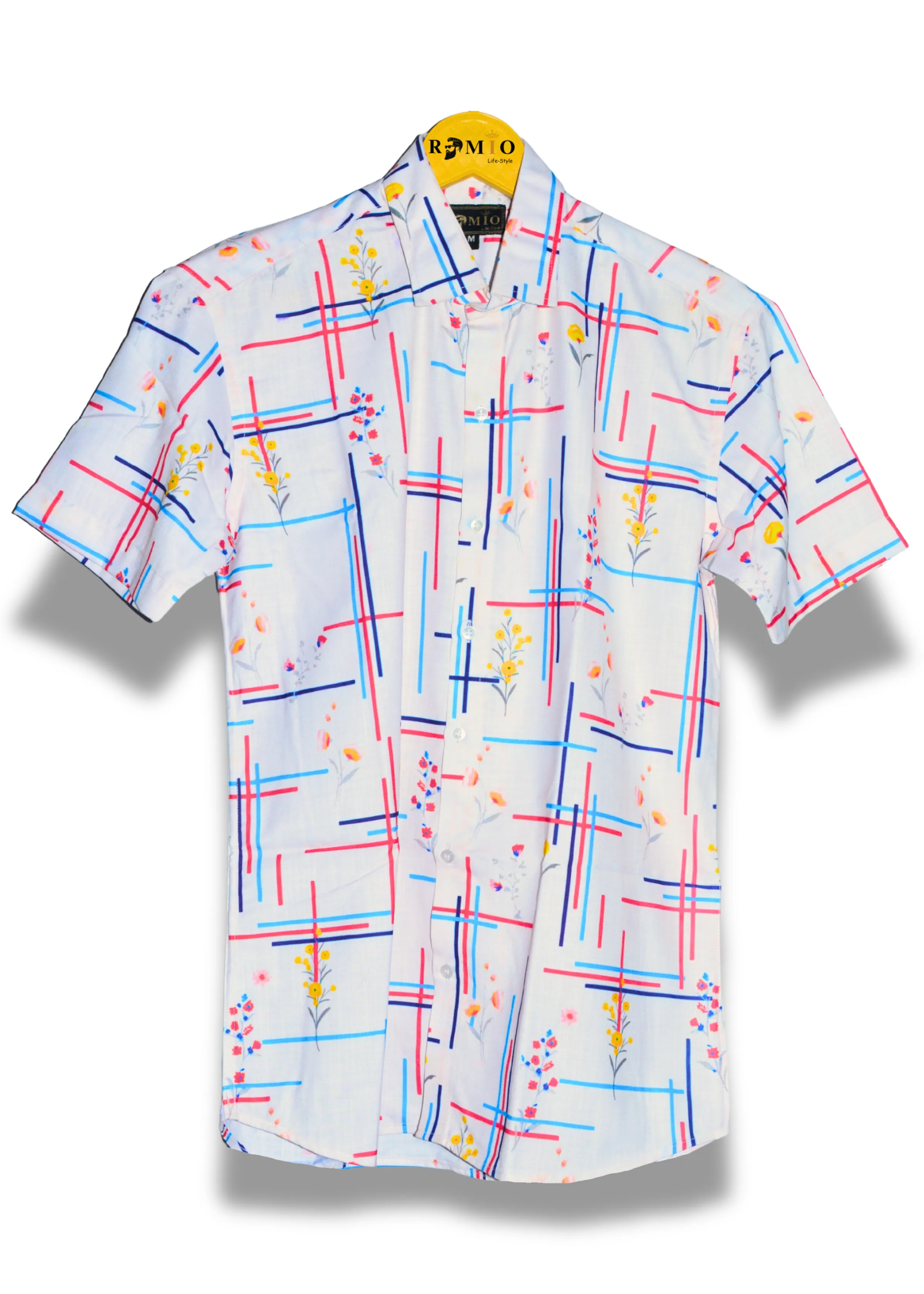 Pure cotton hawaii White shirt with colorfull lining Half Sleev Shirt (f1)