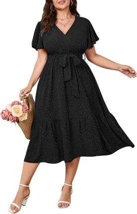 SCOMCHIC Womens Plus Size Wedding Guest Dresses Summer Wrap V Neck Short Sleeve Belted Ruffle Hem A-Line Flowy Maxi Dress