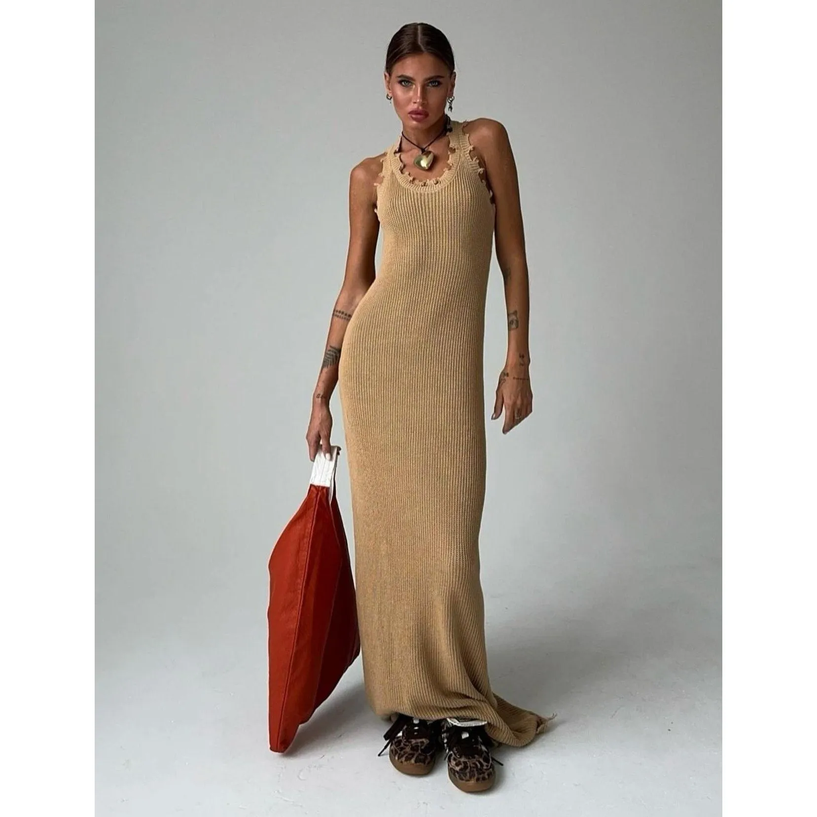 Suspender Sleeveless Ripped Long Dress