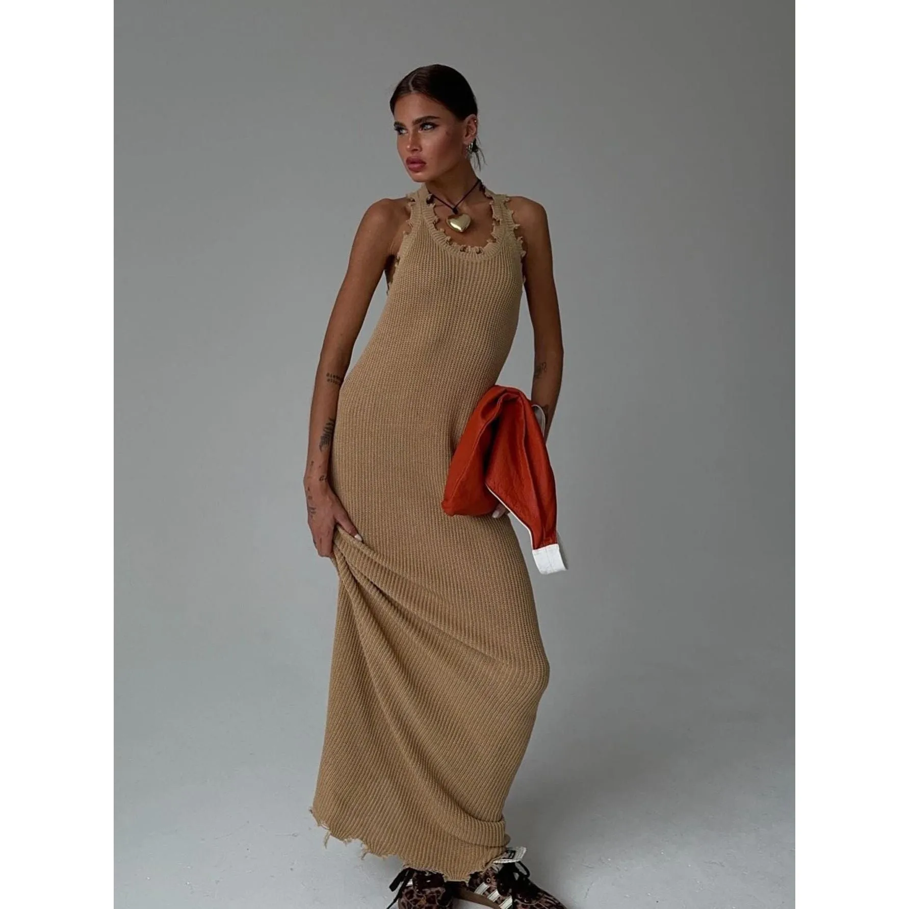 Suspender Sleeveless Ripped Long Dress