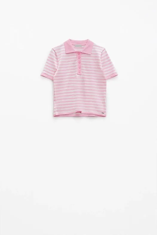 White Short Sleeves Polo Shirt with Light Pink Stripes and F