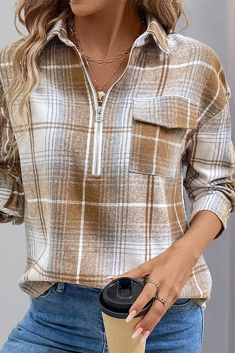 ZIPPER LAPEL PLAID LOOSE SHIRT TOP