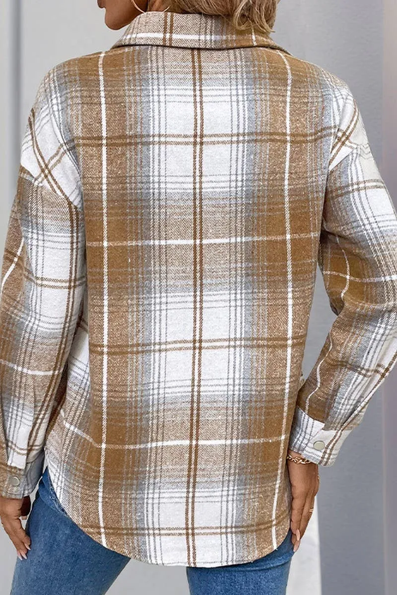 ZIPPER LAPEL PLAID LOOSE SHIRT TOP
