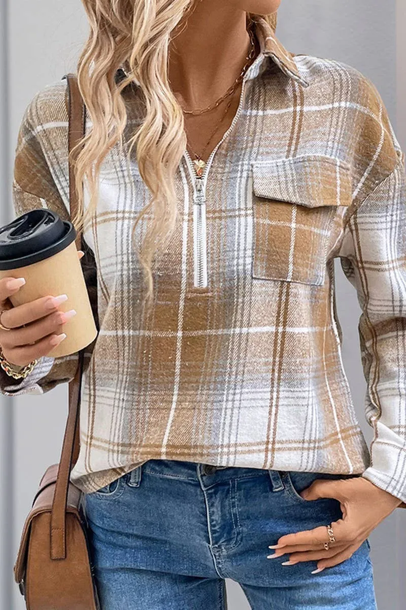 ZIPPER LAPEL PLAID LOOSE SHIRT TOP