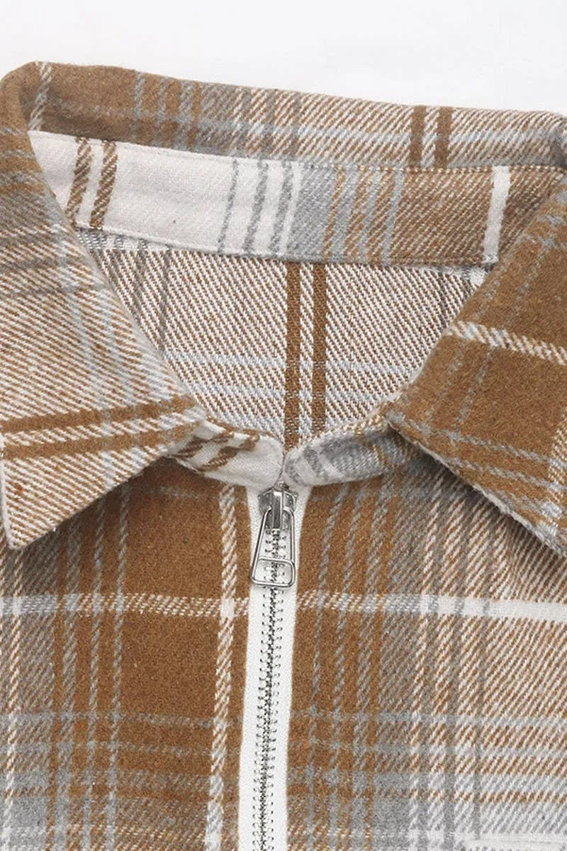 ZIPPER LAPEL PLAID LOOSE SHIRT TOP