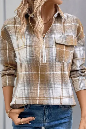 ZIPPER LAPEL PLAID LOOSE SHIRT TOP